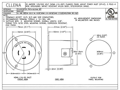 Cllena NEMA L14-30 Flanged Generators Power Inlet/Outlet Receptacle, 30 Amp 125/250V 7500W Locking Male Plug Socket (Black)