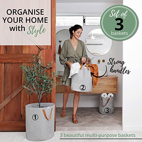 FELFA Felt Storage Basket Set of 3 interchangeable handles Organization Gray