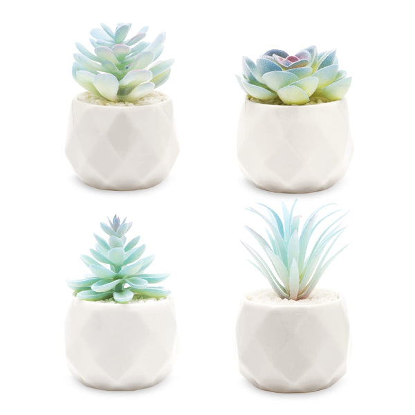 Mini Blue Artificial Succulent Set in Geometric Pots - 4 pcs