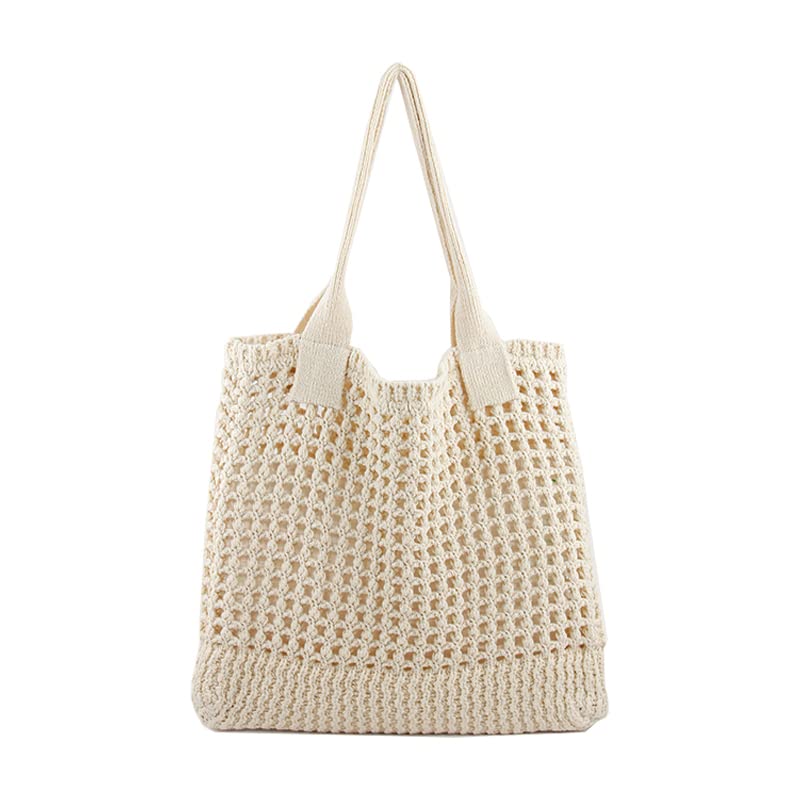 Enbei Women's Large Beach Tote Bag White Crocheted Aesthetic Shoulder Handbag