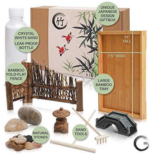 Japanese Zen Garden Kit for Desk - 11x7.5 Inches Large - Bamboo Tray, White Sand, River Rocks, Pebbles, Rake Tools Set - Office Table Accessories, Mini Zen Sand Garden Kit
