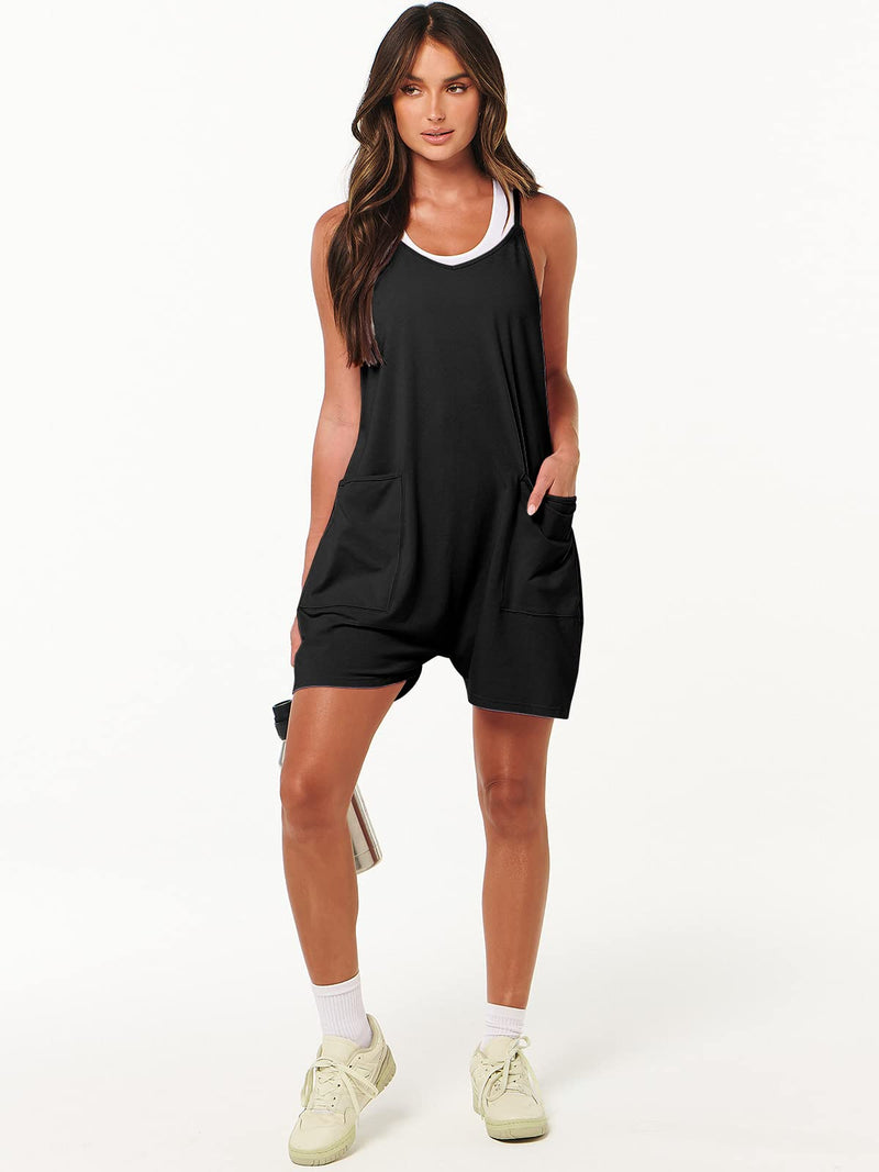 ANRABESS Women's Summer Casual Sleeveless Romper Loose Spaghetti Black X-Small