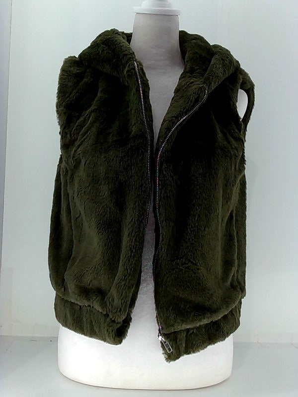 Women's Small Dark Green Fur Zipper Vest