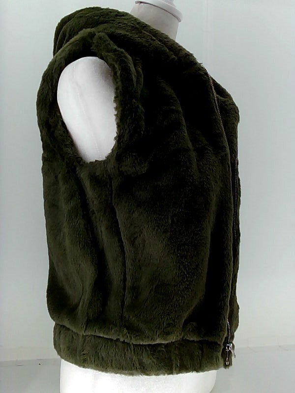 Women's Small Dark Green Fur Zipper Vest