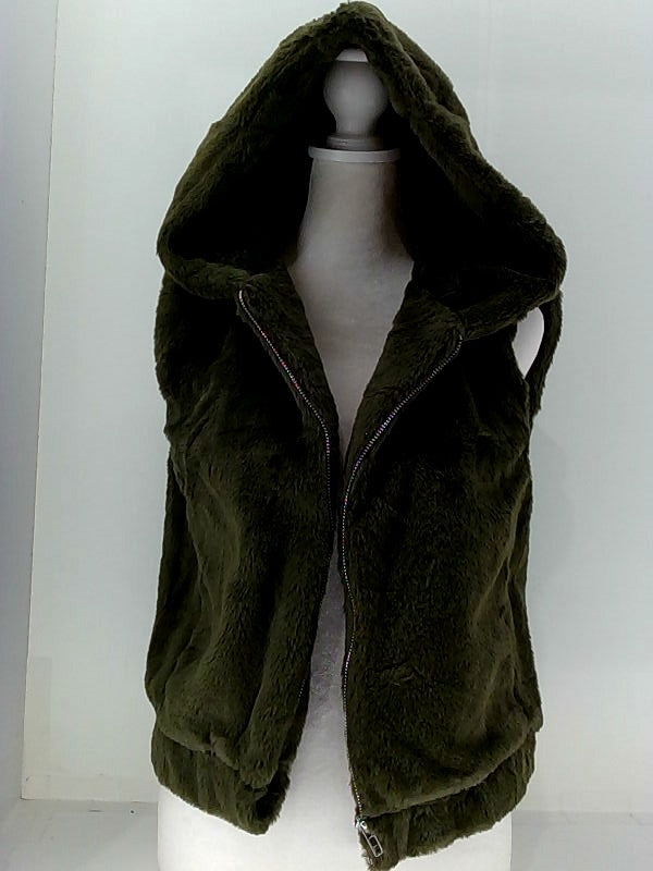 Women's Small Dark Green Fur Zipper Vest