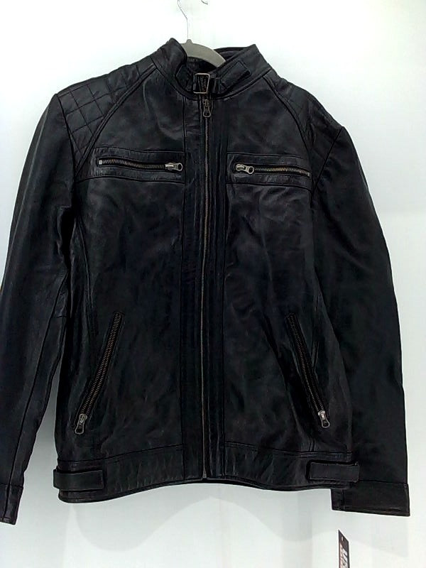 Men's Black Leather Jacket with Zipper - X-Large