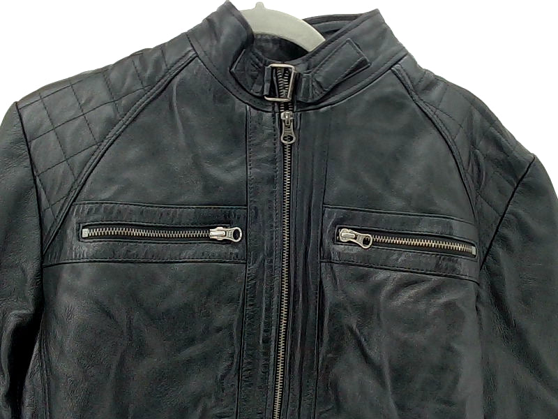 Men's Black Leather Jacket with Zipper Details - Medium