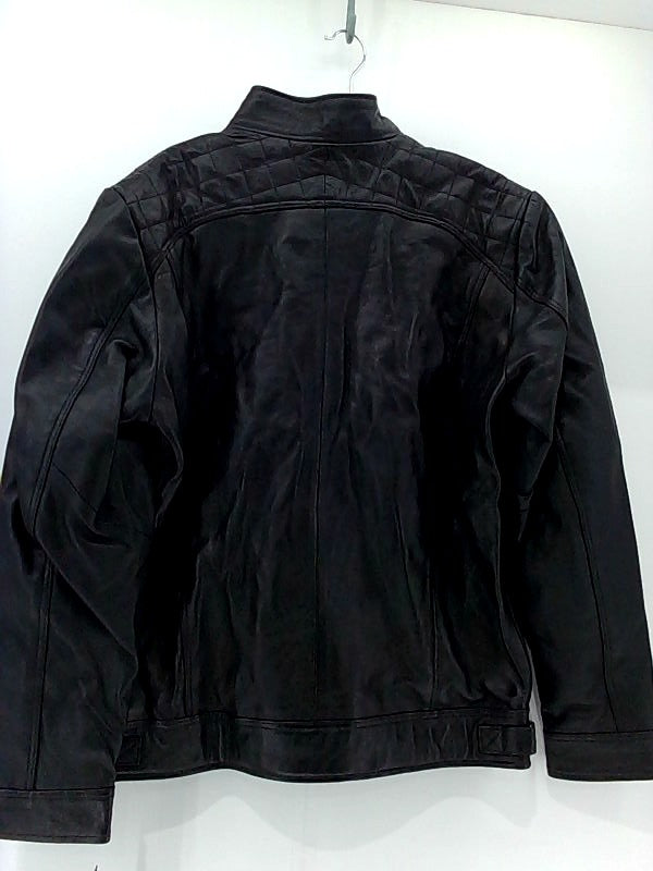 Men's Black Leather Jacket with Zipper Details - Medium