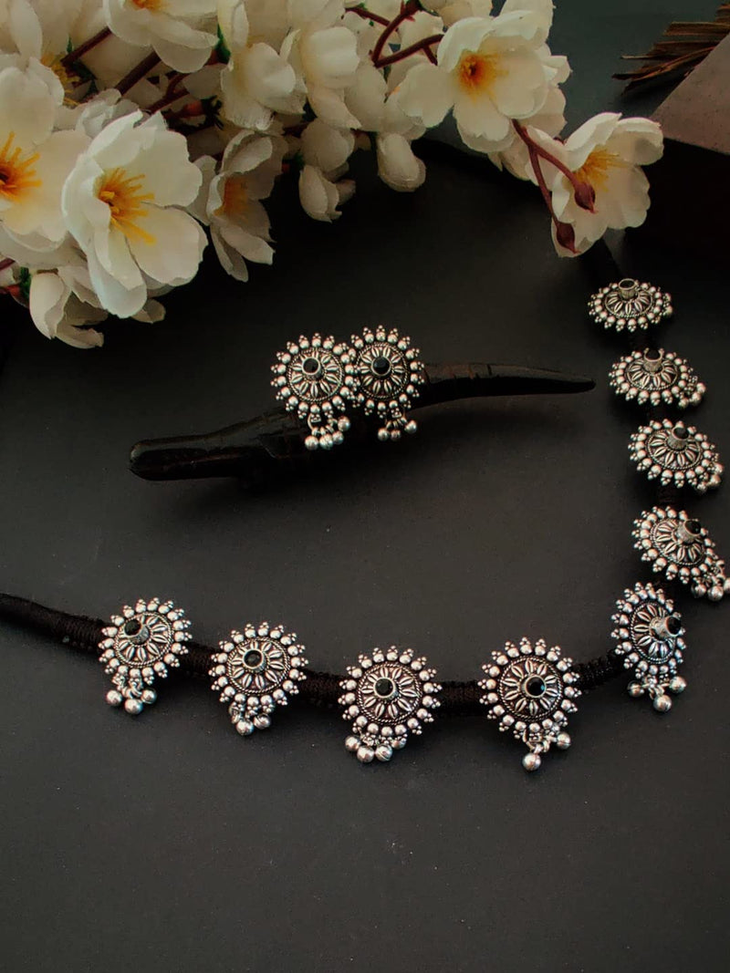 Oxidized Sunflower Choker Necklace Set with Earrings