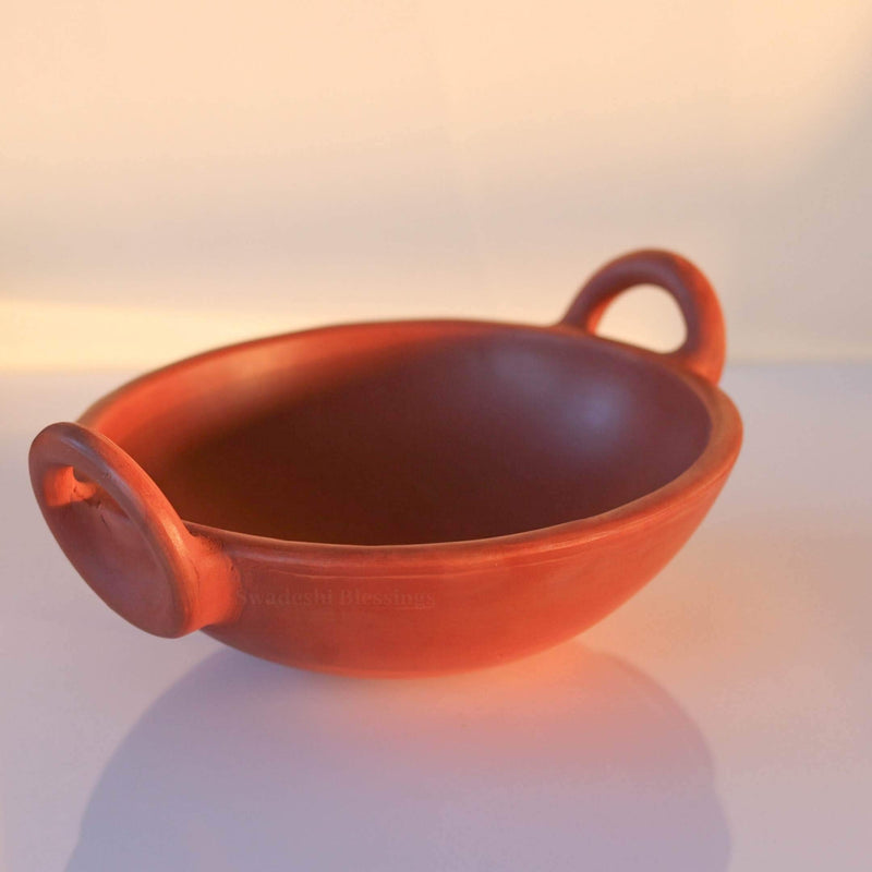 Swadeshi Blessings Unglazed Clay Kadai 1.8l With Palm Leaf Stand Handmade