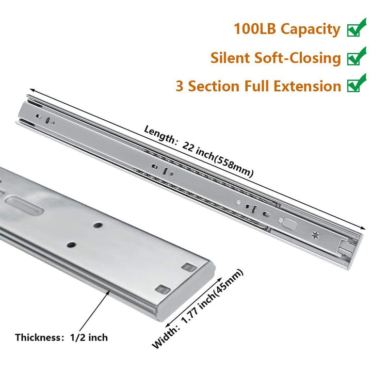 LONTAN 22 Inch Soft Close Heavy Duty Drawer Slides - 100 LB Capacity