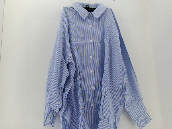 Women's Blue Striped Smocked Cuffed Loose Fit Long Sleeve Top XLarge