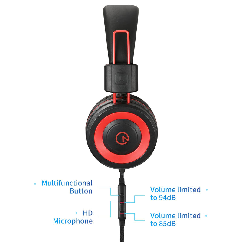 Kids On-Ear Headphones with Microphone - Adjustable Volume (Red Black)