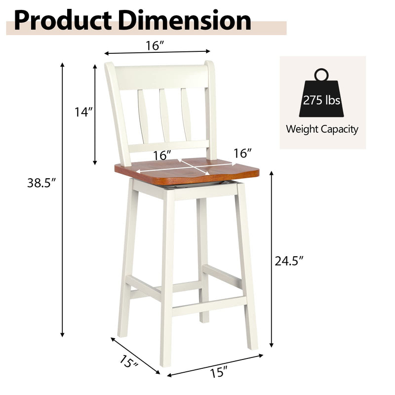 Costway Set of 2 Swivel Bar Stools 24.5 Rubber Wood Chairs With Footrest White