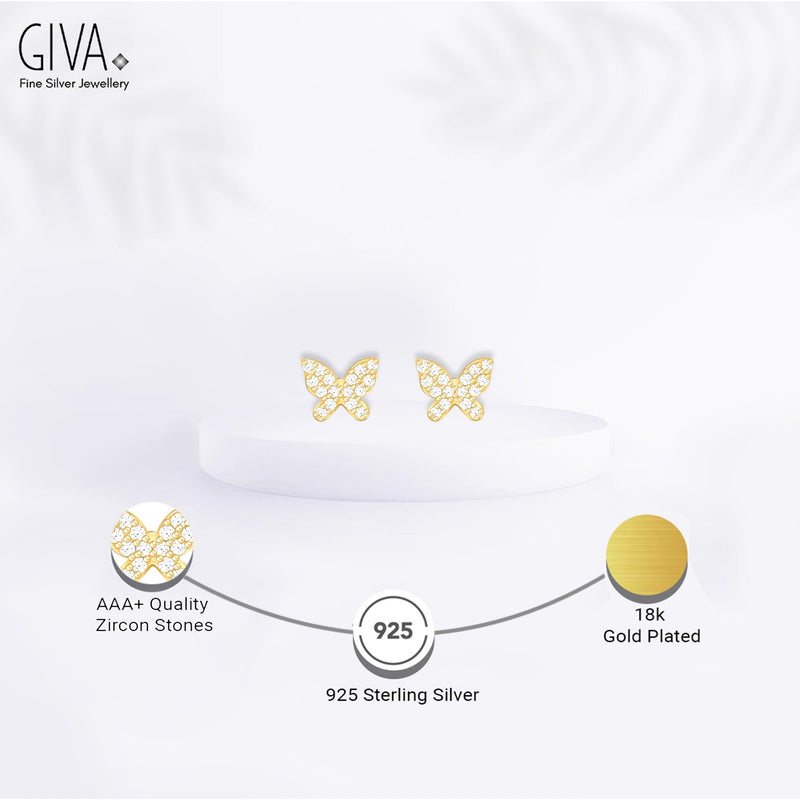 GIVA 925 Sterling Silver Hypoallergenic 18k Gold Plated Stud Earrings (Butterfly Affair)