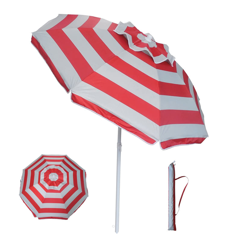 6ft Red Stripe Beach Umbrella with Tilt & Windproof Features