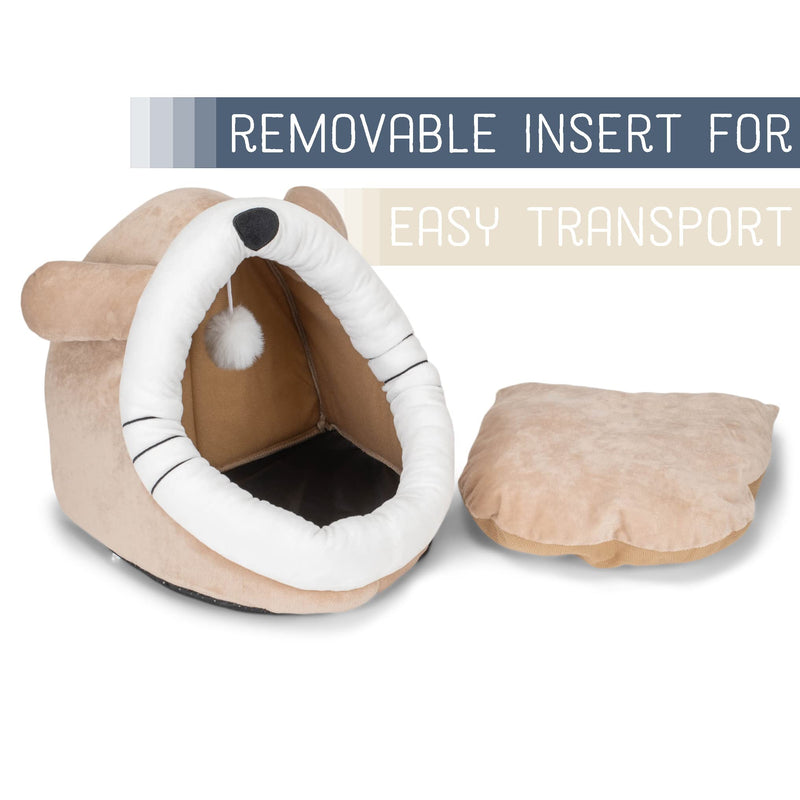 Nat & Jules Kitty Cat Face 15 Inch Plush Fabric Cave Bed With Dangle Toy Warm Beige