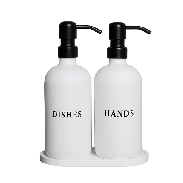 16 Oz White Glass Hand and Dish Soap Dispenser Set with Tray and Pumps