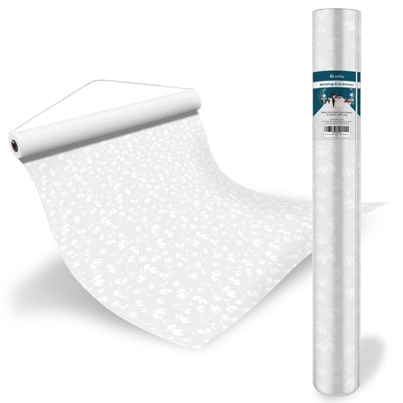 Ezlucky Aisle Runner For Wedding Ceremony 3x100 Ft White Olive Branch Scroll Pattern Pull String Included Perfect For Wedding Parties Christmas Decor Indoor & Outdoor Use 40gsm Thickness