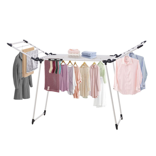 Space-Saving Gray Gullwing Clothes Drying Rack with Sock Clips