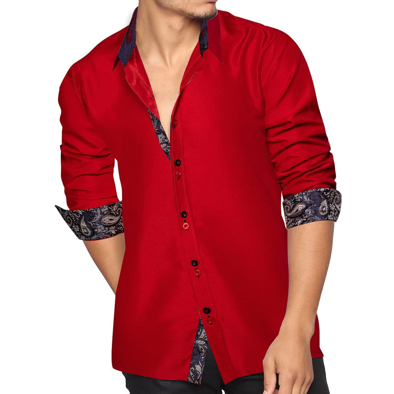 Dibangu Mens Red Casual Shirt Paisley Formal Dress Shirt Gold Collar Pin