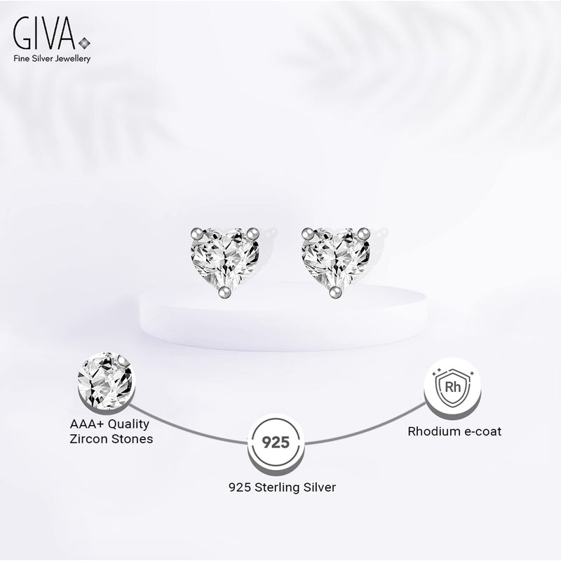 Giva 925 Sterling Silver Earrings for Women Stone Heart Stud Earrings 7x8 Mm