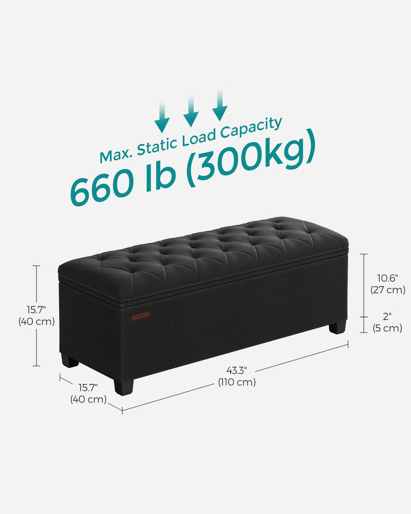 SONGMICS Storage Ottoman Bench, Foot Rest with Legs, 15.7 x 43.3 x 15.7 Inches, End of Bed Bench, Storage Chest, Load up to 660 lb, for Living Room, Bedroom, Entryway, Ink Black ULSF088B01