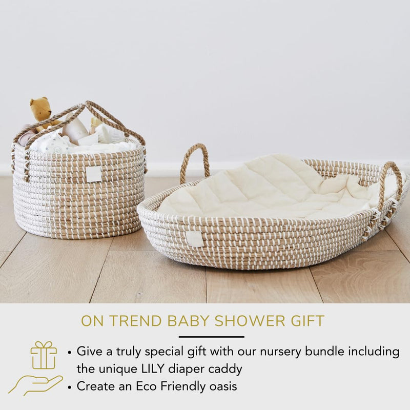 BEBE BASK - Premium Seagrass Baby Changing Basket with Pad - Handmade Baby Moses Basket - Luxury Leaf Liner - Bamboo Jacquard Cover - Vegan Baby Changing Mat - Baby Changing Pad - 30 x 16 x 4 inches