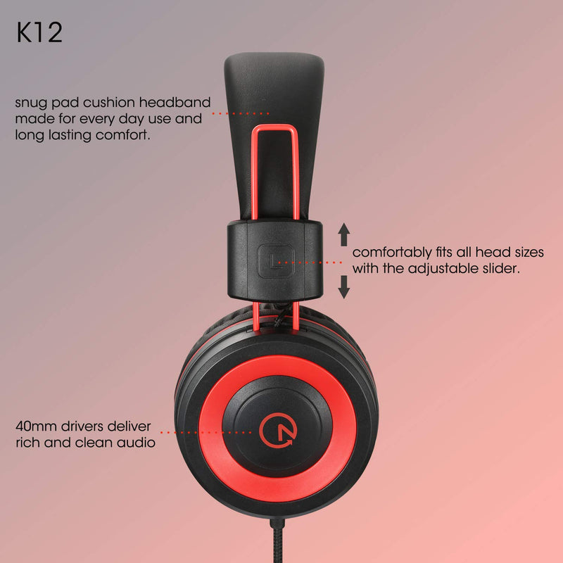 Kids On-Ear Headphones with Microphone - Adjustable Volume (Red Black)