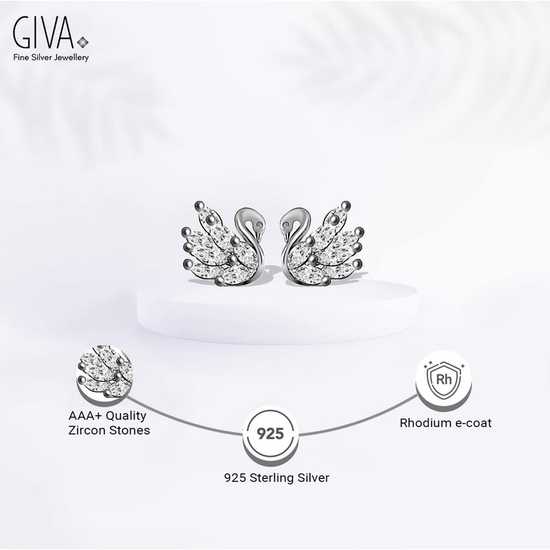 GIVA 925 Sterling Silver Hypoallergenic Stud Earrings for Women and Girls Shining Swan