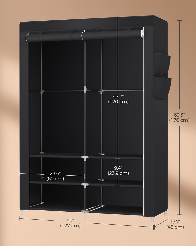 Portable Fabric Wardrobe Closet Organizer with Shelves, Black