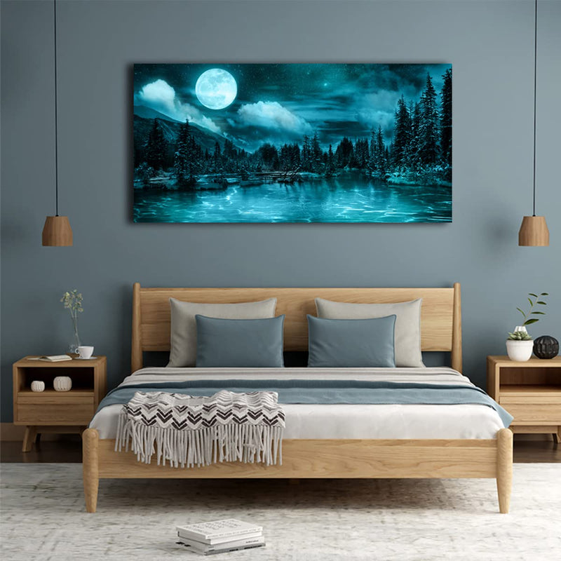 Moonlit Forest Landscape Canvas Wall Art 20"x40"