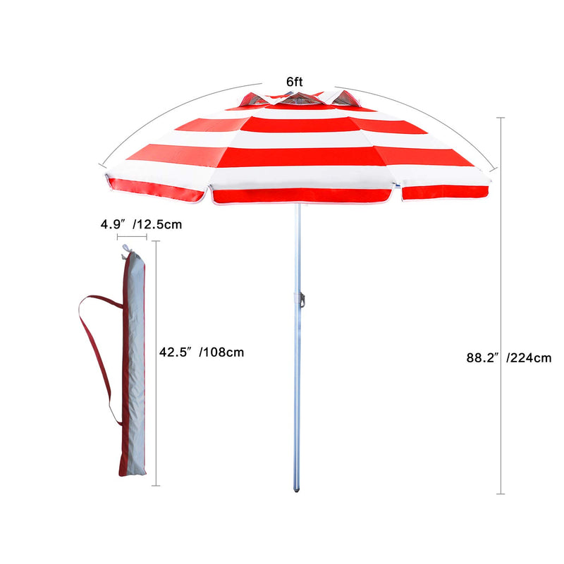 6ft Red Stripe Beach Umbrella with Tilt & Windproof Features