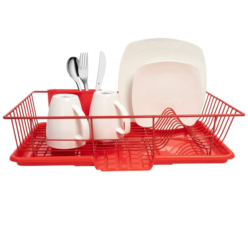 Red Metal Dish Drainer Set with Drying Board & Utensil Holder