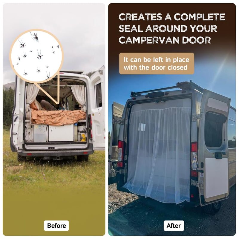 Living in a Bubble White Boho-Chic Bug Screens & Curtains for Mercedes-Benz Sprinter Mid/High Roof, Ford Transit, and Other Campervans, Rear Door Flyscreen Mosquito Net, Center Zipper Closure