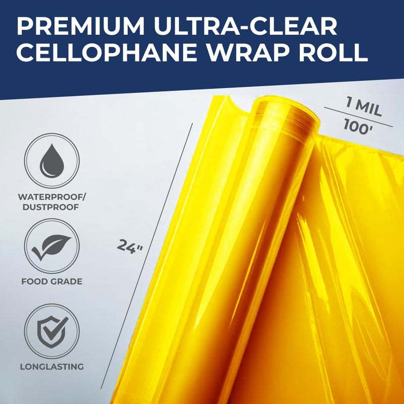 Yellow Cellophane Wrap Roll 24'' x 100' for Gift Baskets & Crafts