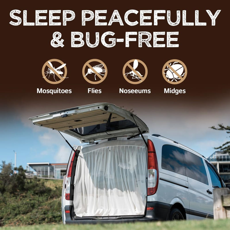 Living in a Bubble White Boho-Chic Bug Screens & Curtains for Mercedes-Benz Sprinter Mid/High Roof, Ford Transit, and Other Campervans, Rear Door Flyscreen Mosquito Net, Center Zipper Closure