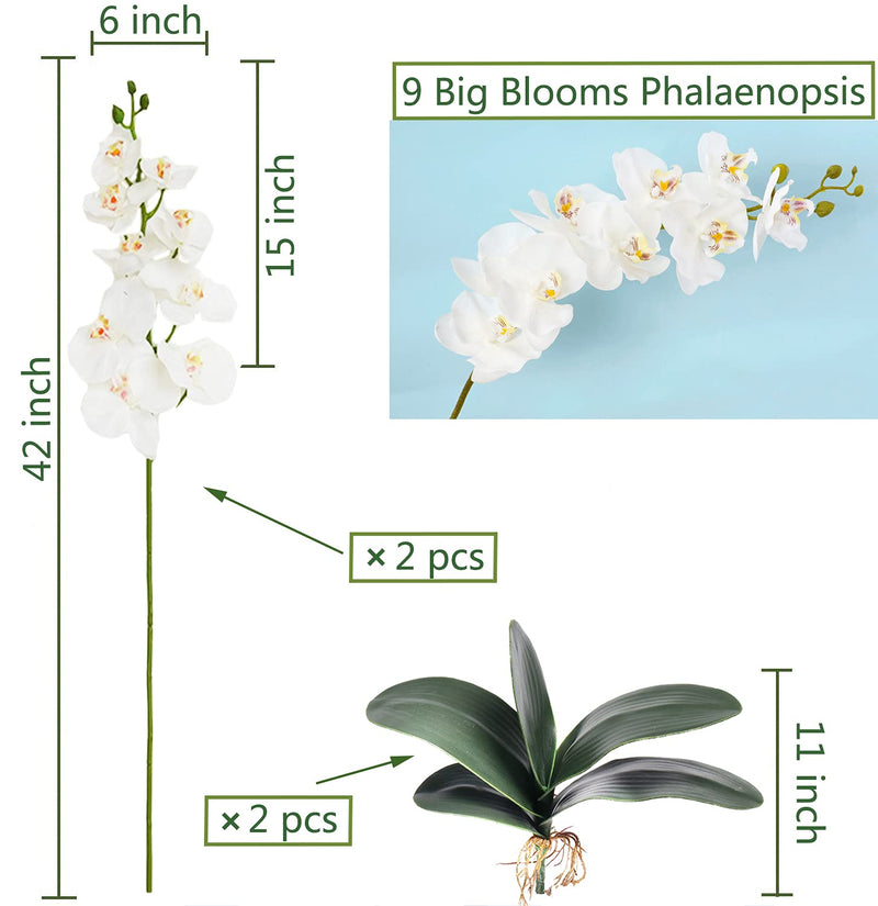 Hinyoco 2 Pcs Artificial Phalaenopsis Flowers Leaves 42 Inch Home Wedding Decor