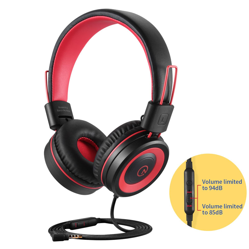 Kids On-Ear Headphones with Microphone - Adjustable Volume (Red Black)