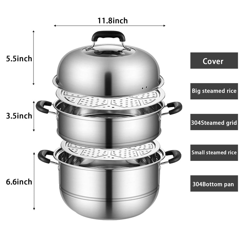 MANO Steamer Pot for Cooking 11.8 inch Steam Pots with Lid 2 tier Stainless Steel