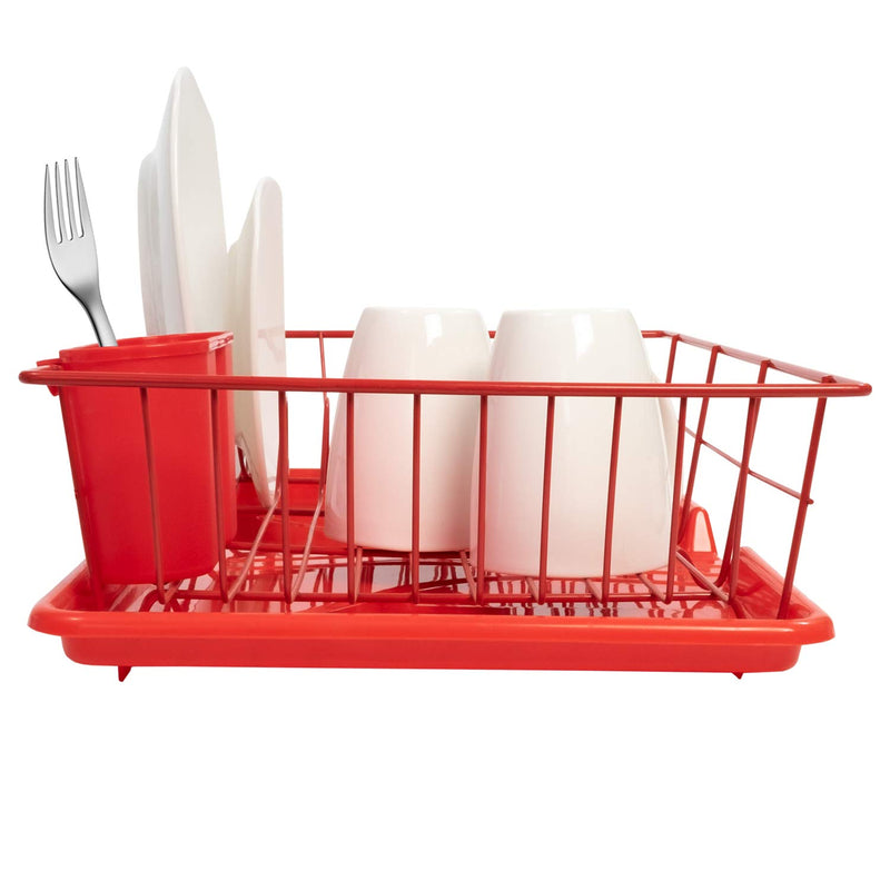 Red Metal Dish Drainer Set with Drying Board & Utensil Holder