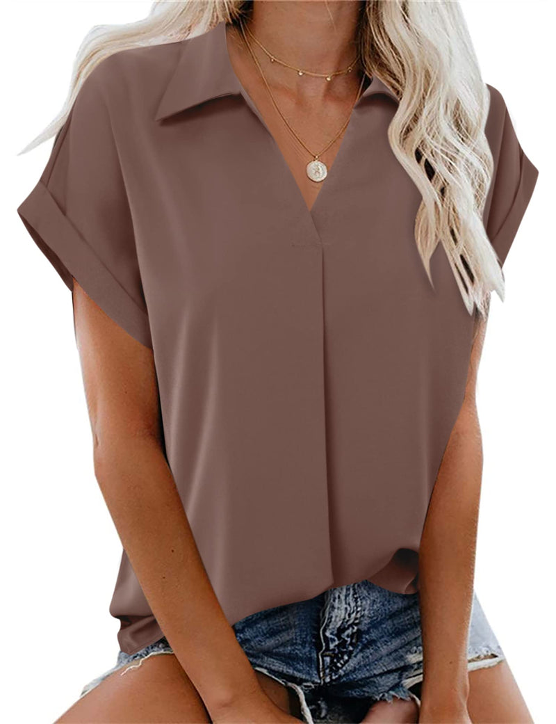 Gaharu Women’s Chiffon Blouse Collared V Neck Short Summer Top Coffee Medium