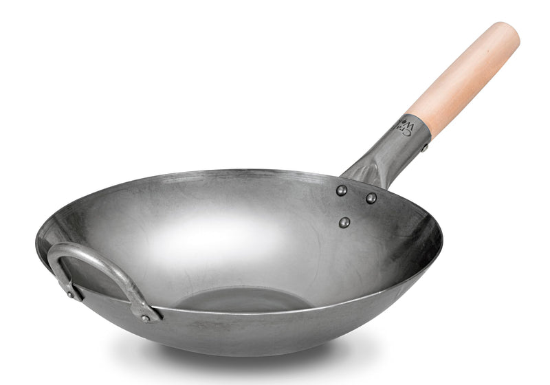 Hand Hammered Carbon Steel Wok with Wooden Handle 12 Inch