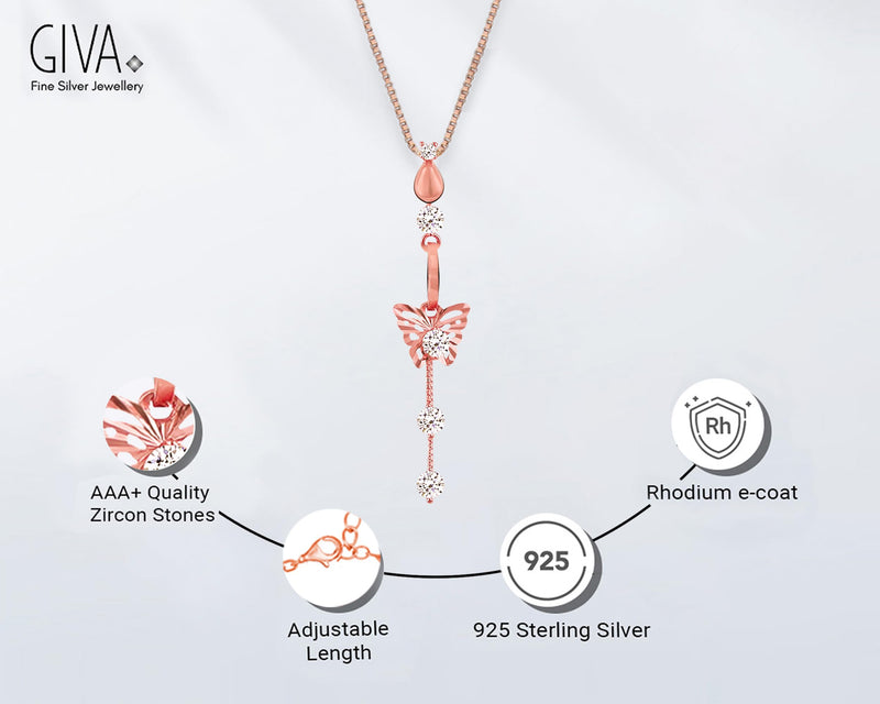 GIVA 925 Sterling Silver Rose Gold Charming Butterfly Pendant with Box Chain