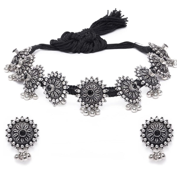 Oxidized Sunflower Choker Necklace Set with Earrings