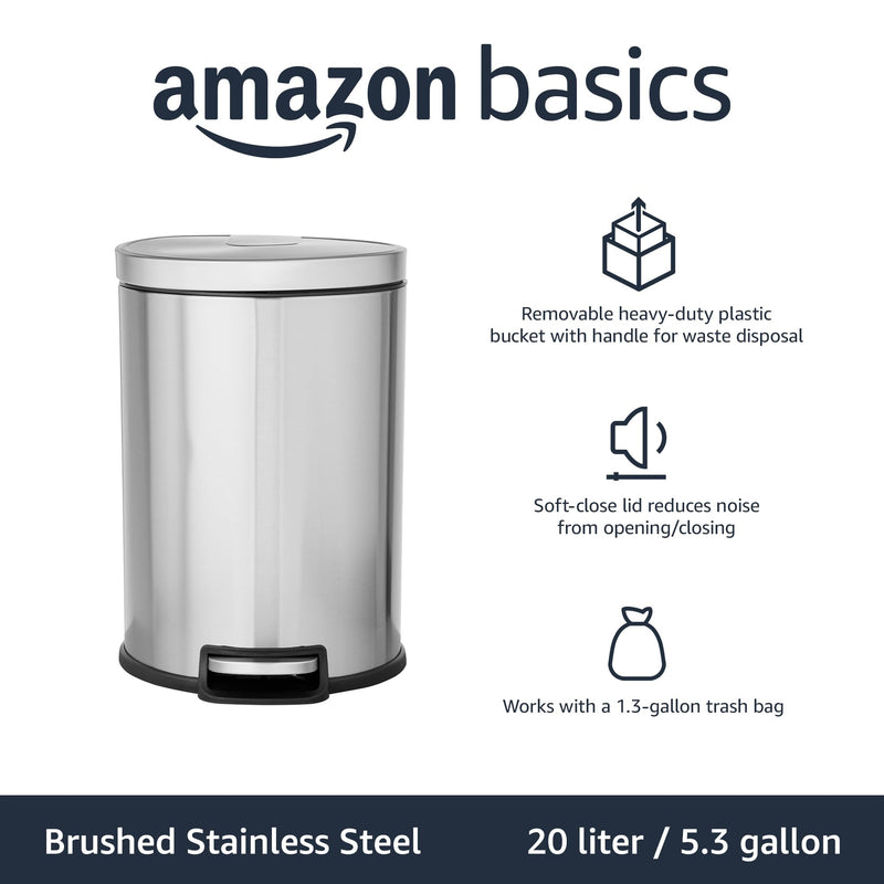 Amazon Basics Round Cylindrical Trash Can 20L 5.3 Gal Soft Pedal Stainless Steel