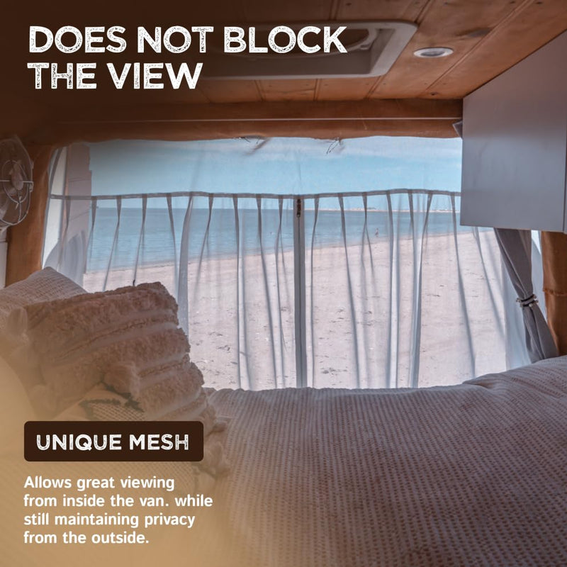 Living in a Bubble White Boho-Chic Bug Screens & Curtains for Mercedes-Benz Sprinter Mid/High Roof, Ford Transit, and Other Campervans, Rear Door Flyscreen Mosquito Net, Center Zipper Closure