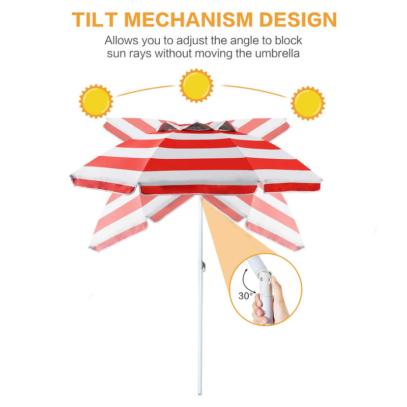 6ft Red Stripe Beach Umbrella with Tilt & Windproof Features