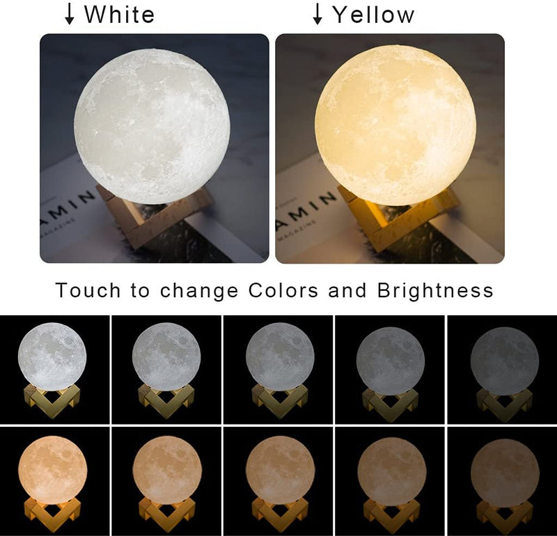 Mydethun 3D Moon Lamp with 4.7 Inch Wooden Base LED Night LightWhite & Yellow