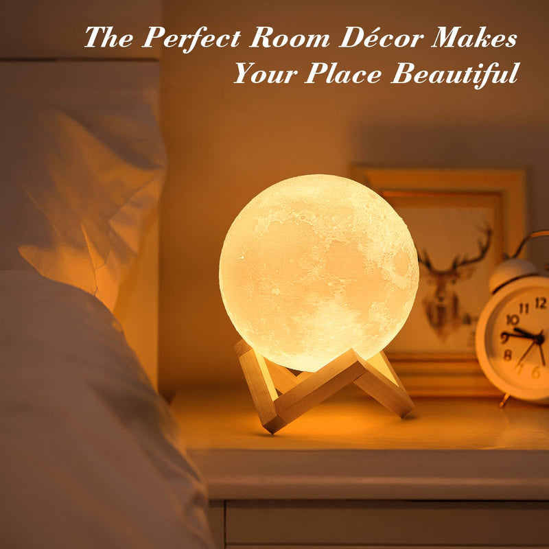 Mydethun 3D Moon Lamp with 4.7 Inch Wooden Base LED Night Light White & Yellow